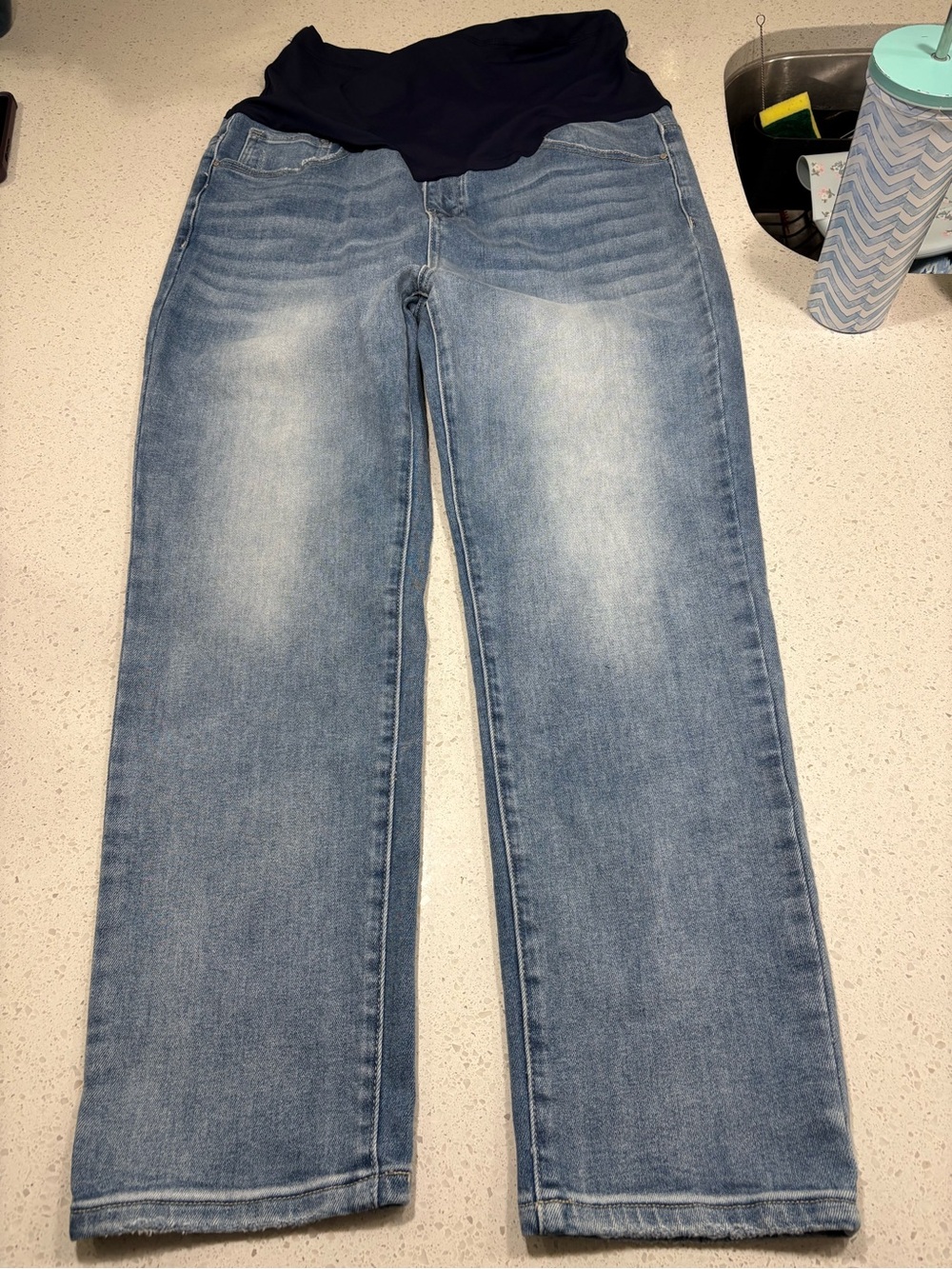 Pinkblush Light Blue Maternity Straight-Leg Jeans with Navy Panel 2X